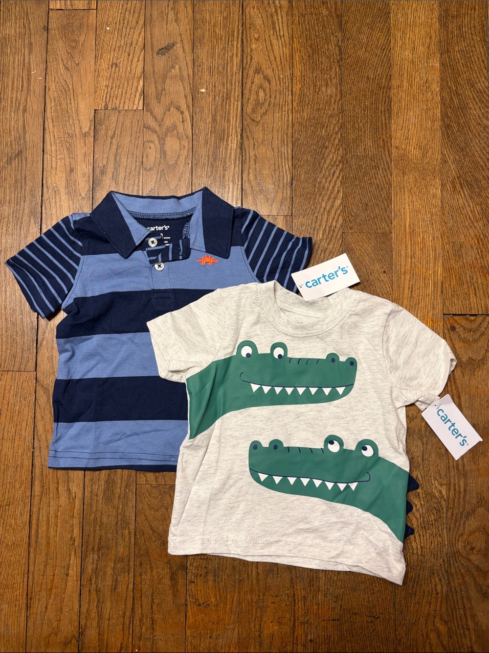 Carter's Navy & Light Blue Striped Polo with Gray Tee Featuring Green Crocodiles